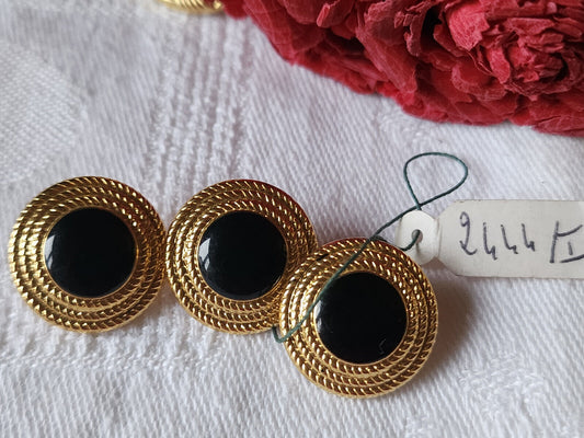 Trio boutons vintage en métal  doré noir pied etiquette 1,7 cm G16H