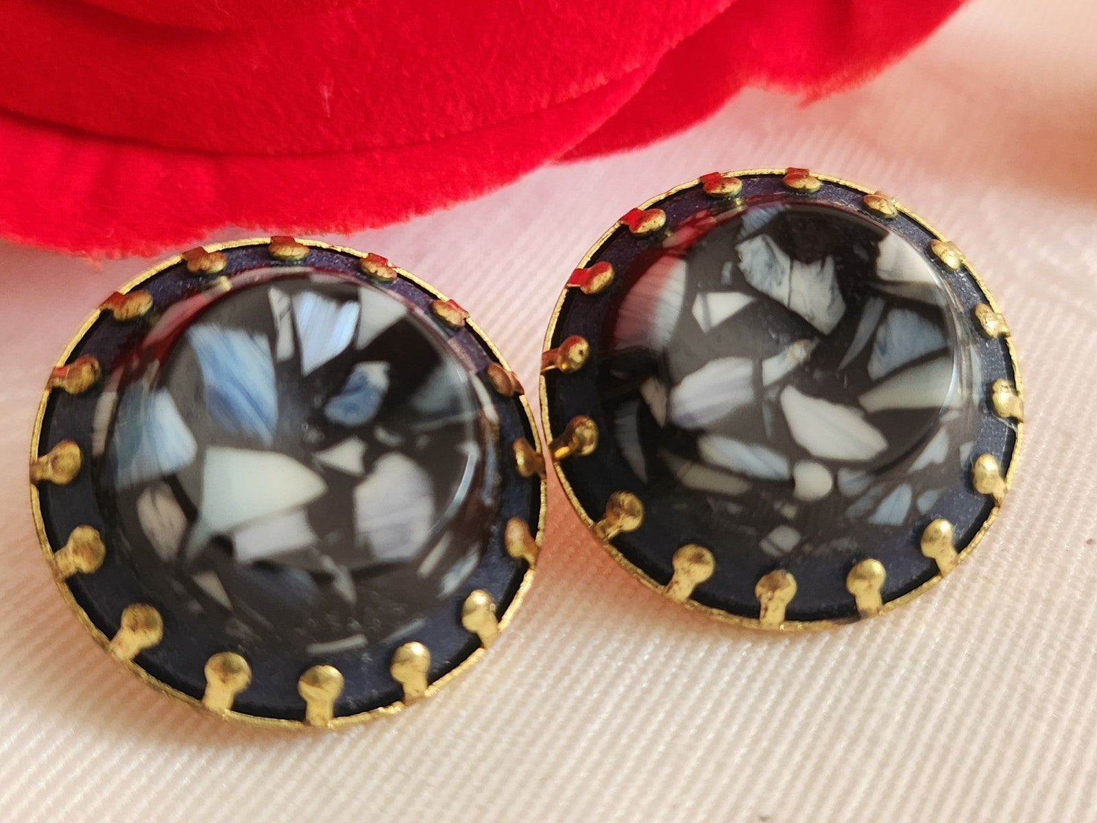 Collection duo boutons anciens effet mosaïque  métal 1,8 cm bleu 18 mm  G12I