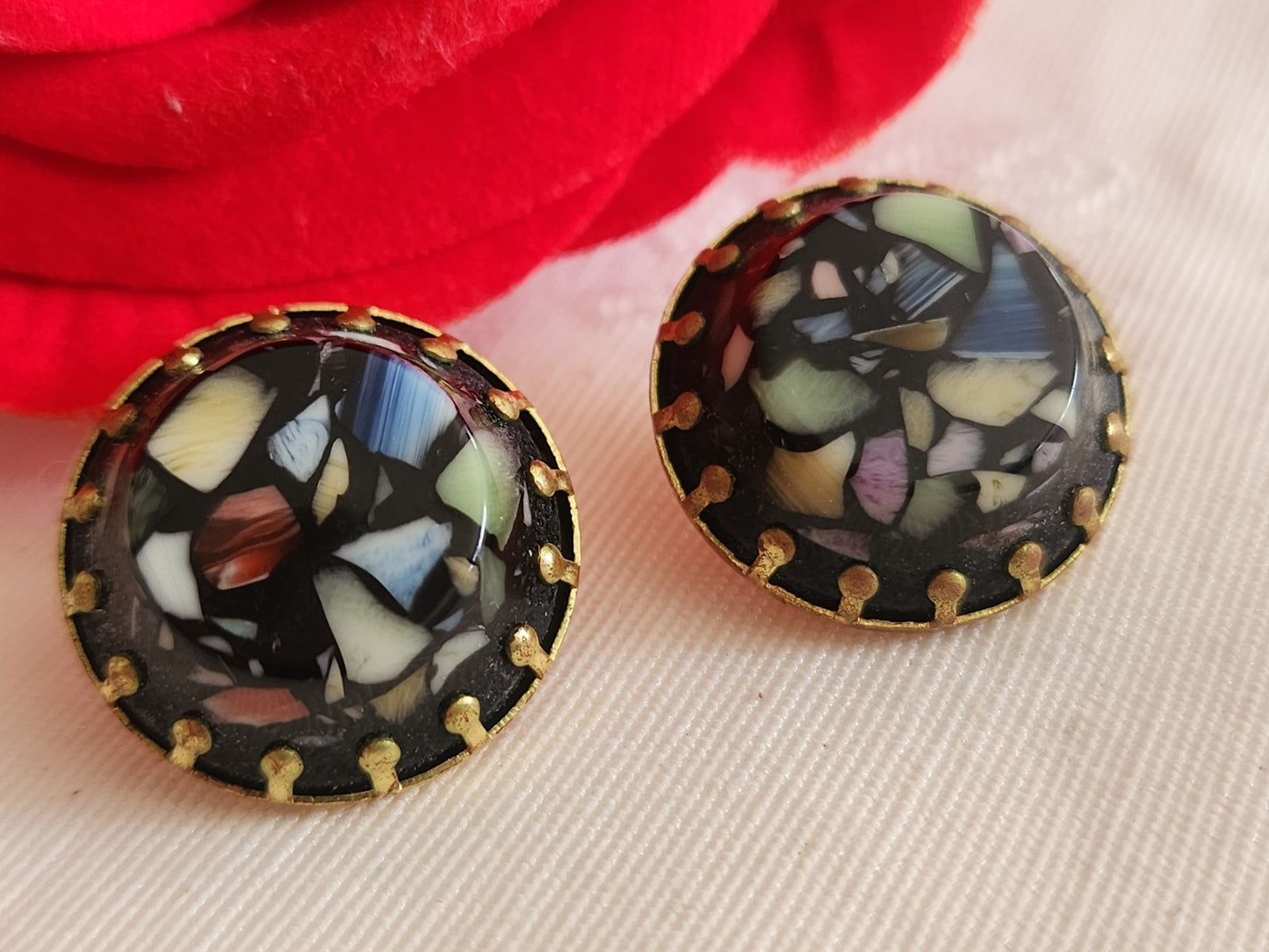 Collection duo boutons anciens effet mosaïque  métal 1,8 cm multicolore  G12D