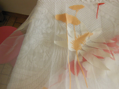 Coupon tissu luxe superbe voilage blanc orange blanc 93 cm sur 1 m 09 B6