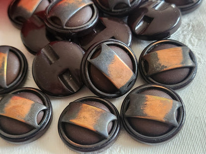 Lot 6 boutons vintage marron rehaussé de metal cuivré 2,4 cm ref 6394