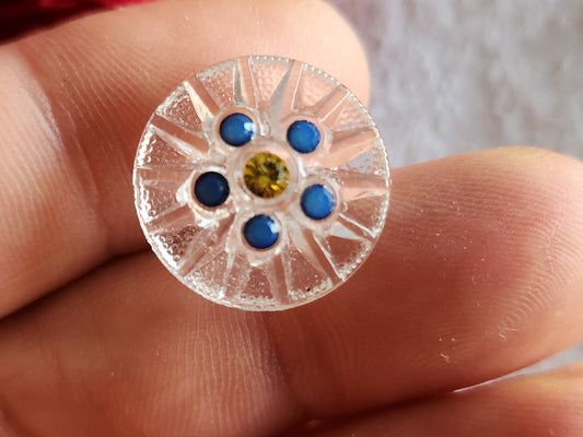 Bouton ancien en verre avec strass jaune bleu à pied bijoux   1,7 cm G10C