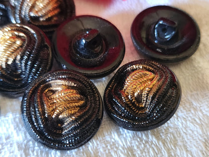 Lot 6 boutons ancien en verre noir doré imitation passementerie 1,7 cm ref 3492