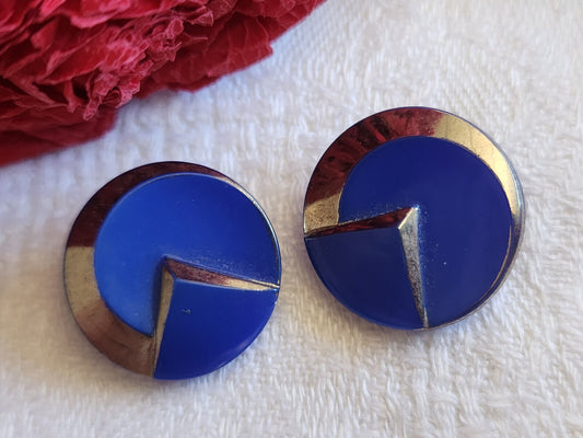 Duo boutons anciens en verre bleu année 50/60 argenté 1,7 cm D15L