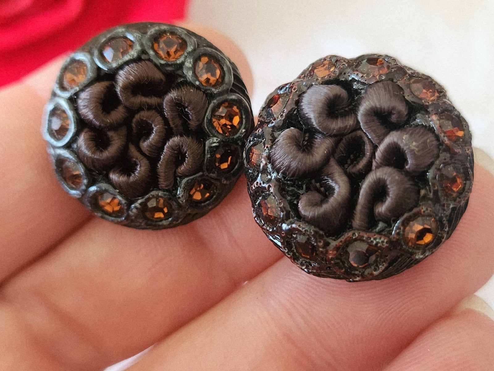 Duo bouton vintage résine et passementerie marron strass verre 2,3 cm G2G