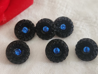 Lot 6 boutons vintage en verre noir avec strass bleu 1,3 cm ref 6364