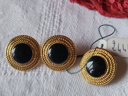 Trio boutons vintage en métal  doré noir pied etiquette 1,7 cm G16H