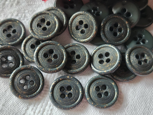 Lot 22 petits boutons vintage vert moucheté doré trous 1,5 cm ref 3344