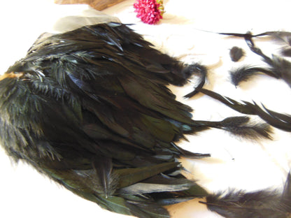 Gros lot de plumes anciennes chapeau modiste noir irisé vert   N°3 B1