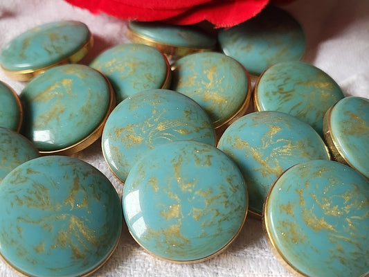 Lot 6 boutons vintage  métal bleu turquoise paillette doré 2,2 cm pied  ref 5923