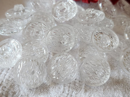Lot 6 boutons anciens en verre transparent pied relief 1,7 cm ref 3010