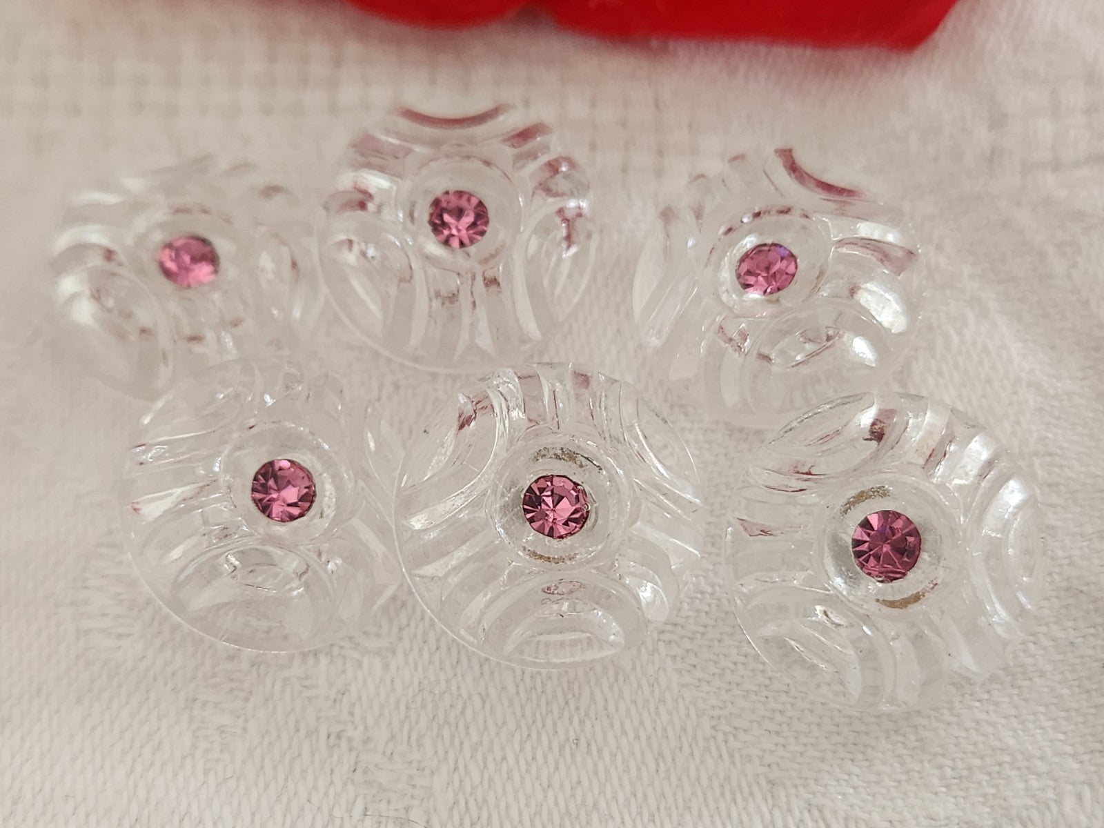 Lot 6 boutons vintage en verre transparent strass rose ou  1,7 cm ref 6356
