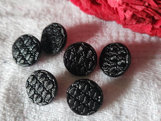 Lot 6 mini boutons anciens en verre noir motif damas 1,1 cm ref 2876