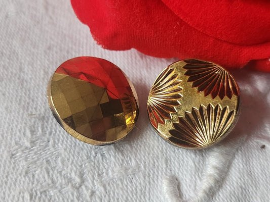 Duo boutons anciens en verre doré travaillé vintage 1,7 cm D9I