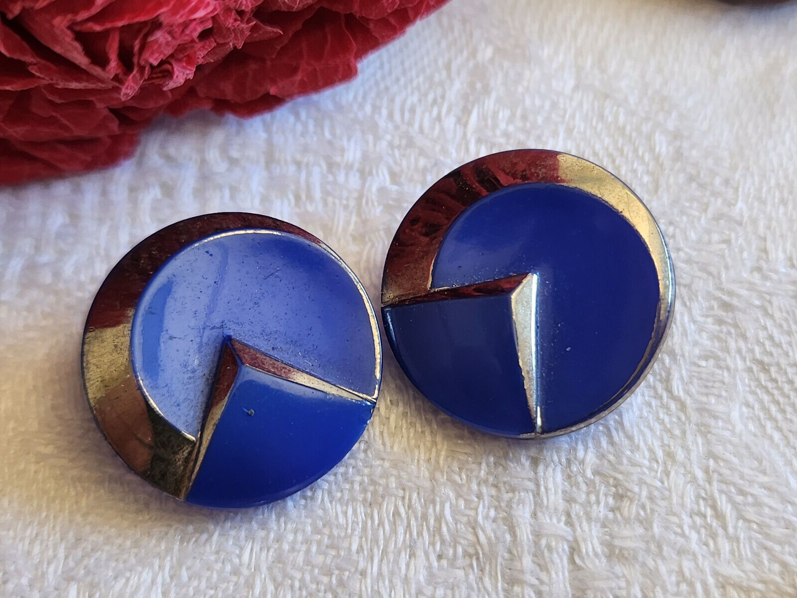 Duo boutons anciens en verre bleu année 50/60 argenté 1,7 cm D15L