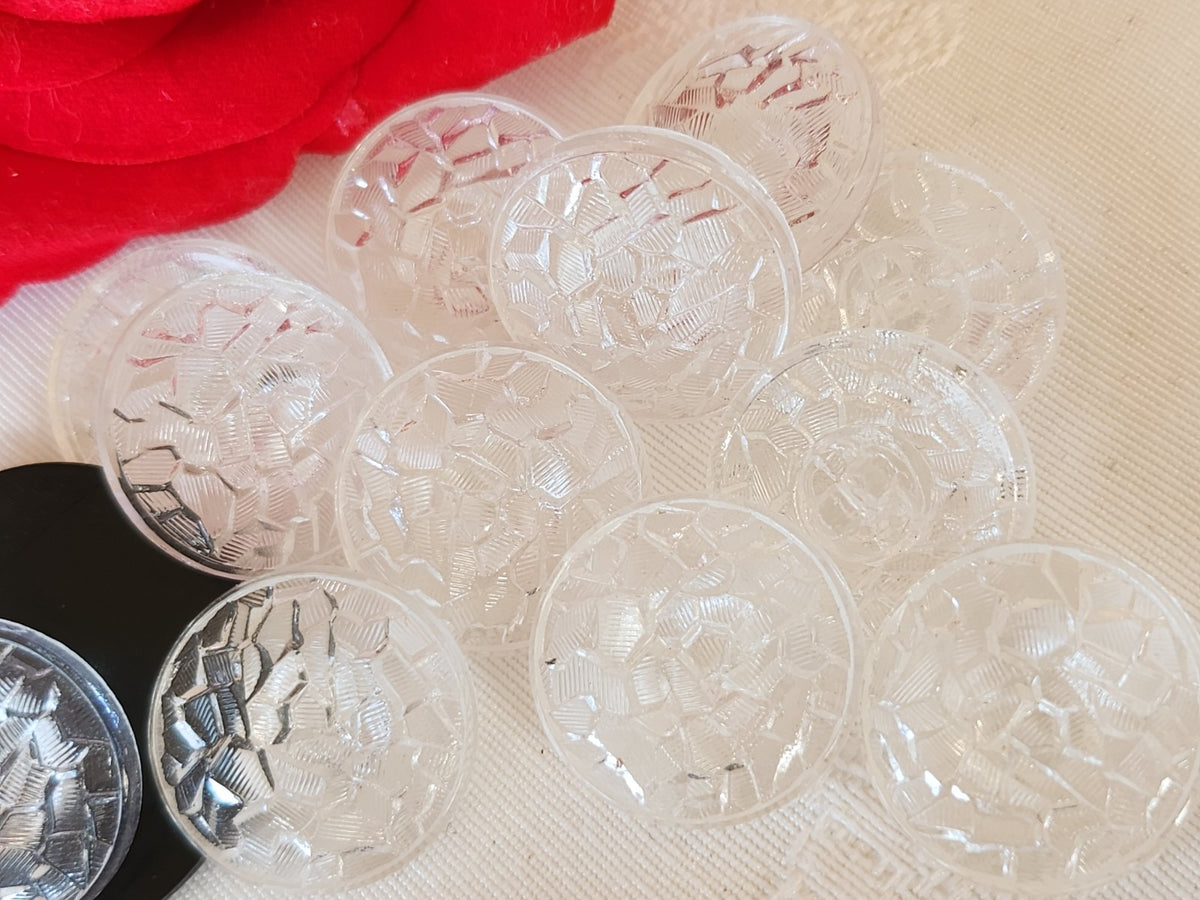 Lot 6 gros boutons en verre transparent relief  21 mm  2,1 cm ref 6642