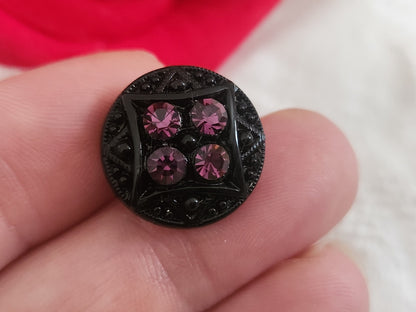 Bouton vintage en verre noir avec strass verre violet 18 mm ou   1,8 cm G19D