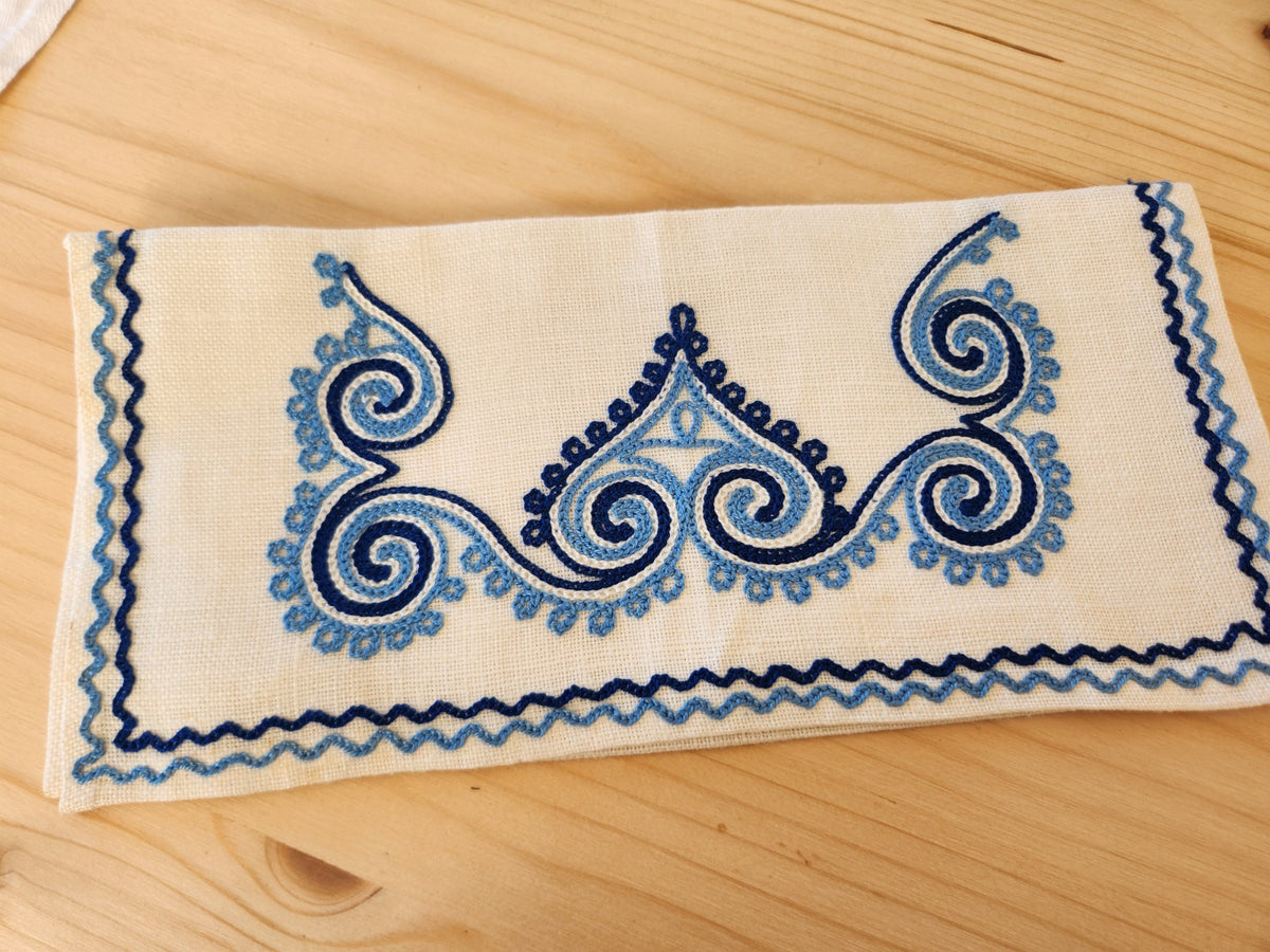 Ancien porte serviette fait main bleu broderie  neuf pochette 12 cm sur 25 cm B8