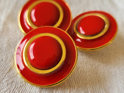Trio gros boutons vintage en metal émaillé rouge doré  2,7 cm lourd ref 6607