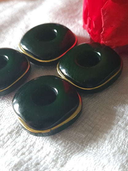 Lot 4 épais boutons vintage vert doré à trous 2,4 cm ref 1399