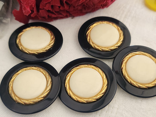 Lot 5 gros boutons vintage bleu quasi noir creme pied doré 2,8 cm ref 1778