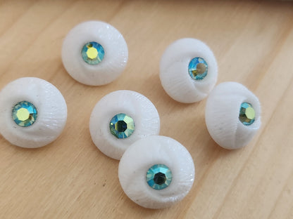 Lot 6 boutons vintage en verre blanc avec strass mordoré vert  1,3 cm ref 6365