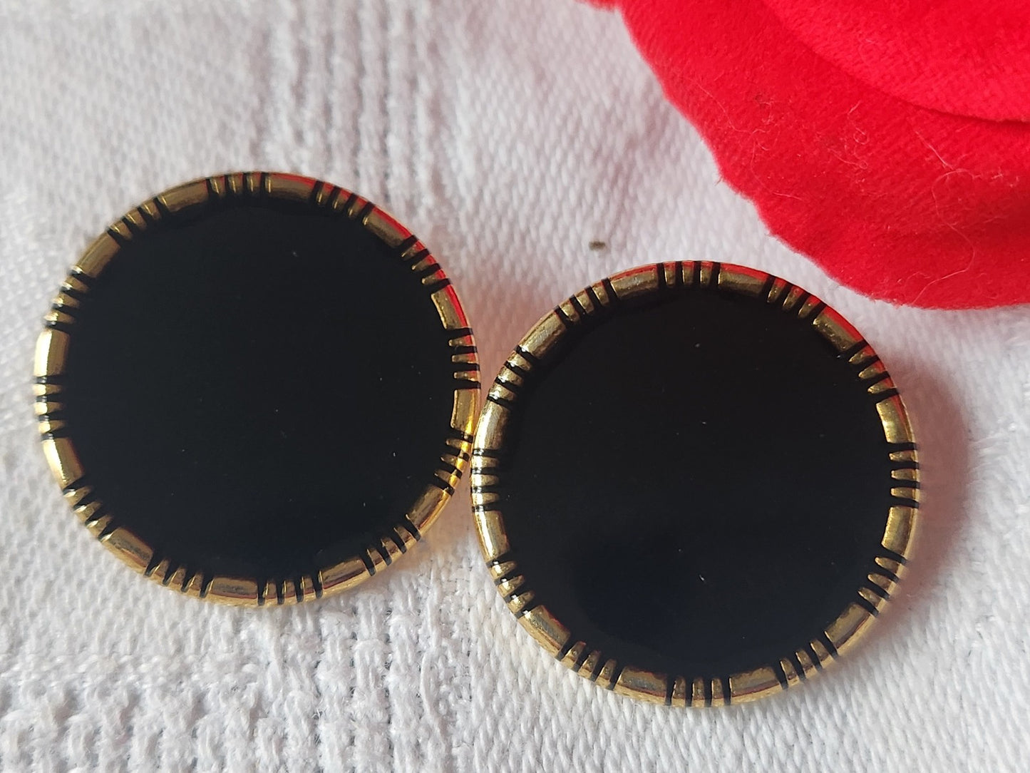 Duo gros boutons vintage en métal noir doré superbe 2,4 cm ref 267
