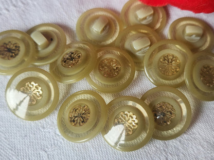 Lot 14 boutons vintage vert inclusion doré à pied 1,7 cm ref 2008
