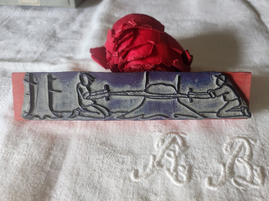 Tampon ancien frise idéale broderie bucheron scie collection 16  cm  n°42-2