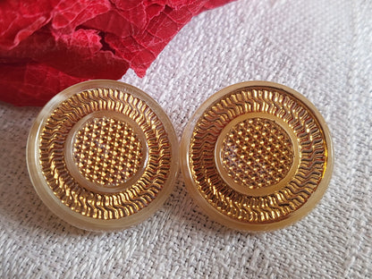 Duo boutons anciens en verre doré beige laiteux à pied  1,7 cm D11B