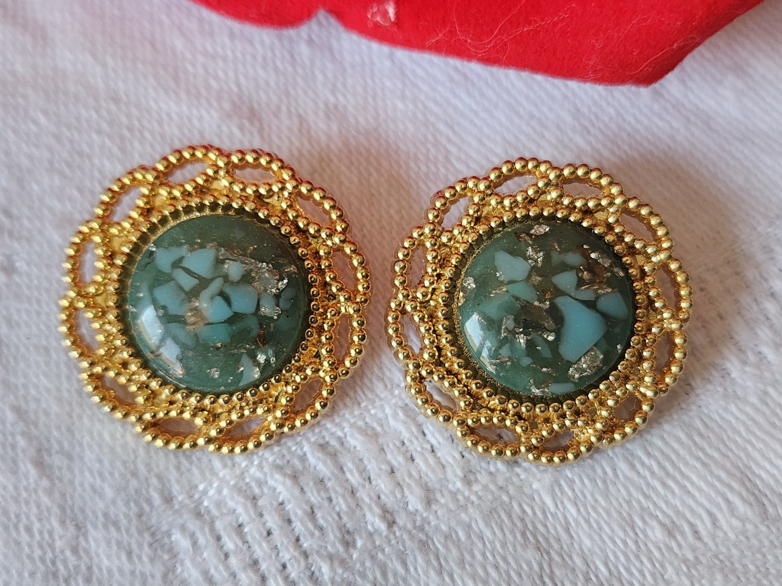 Duo boutons vintage metal coeur bleu moucheté 2,3 cm G17M