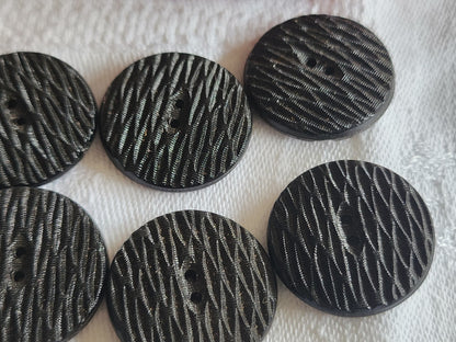Lot 6 boutons anciens en verre noir strié trous 2,3 cm ref 1573