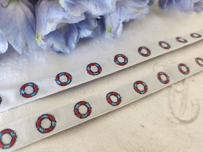 Galon vintage theme mer/ marin bouée tissé blanc bleu 3 mètres sur 1 cm B9