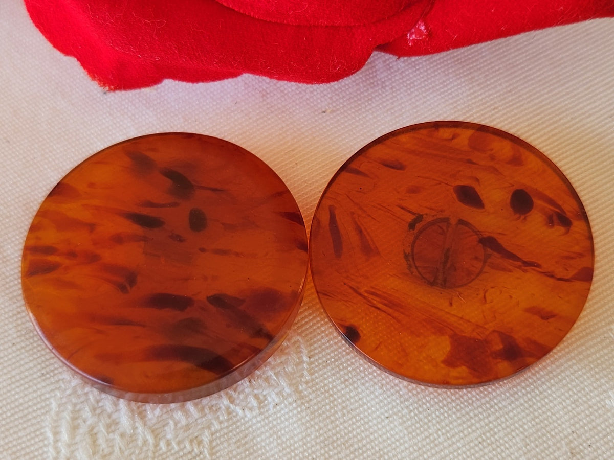 Duo boutons vintage ambrés orange effet écaille 3 cm pied D19H