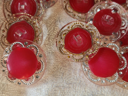 Lot 6 boutons vintage à pied transparent coeur rose 2,3 cm ref 2780