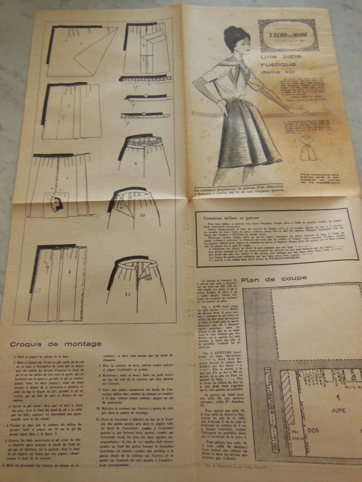 Patron ancien écho de la mode 1960 jupe à pince taille 38 40 42 plus cerf volant