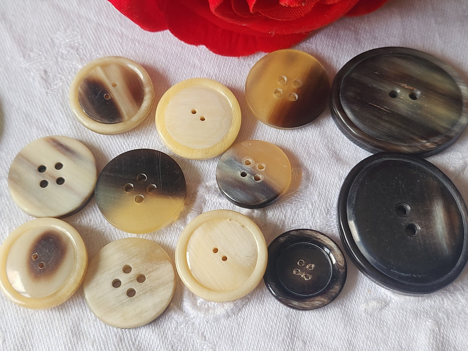 Lot 12 boutons anciens en corne creme 2 cm à 3,1 sur 3,6 cm ref 2058