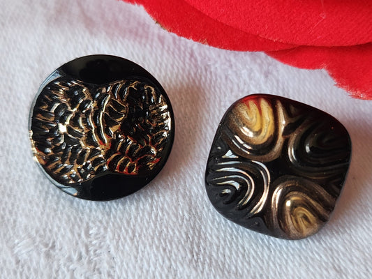 Duo boutons anciens en verre vintage noir doré 1,6 et  1,7 cm G17L