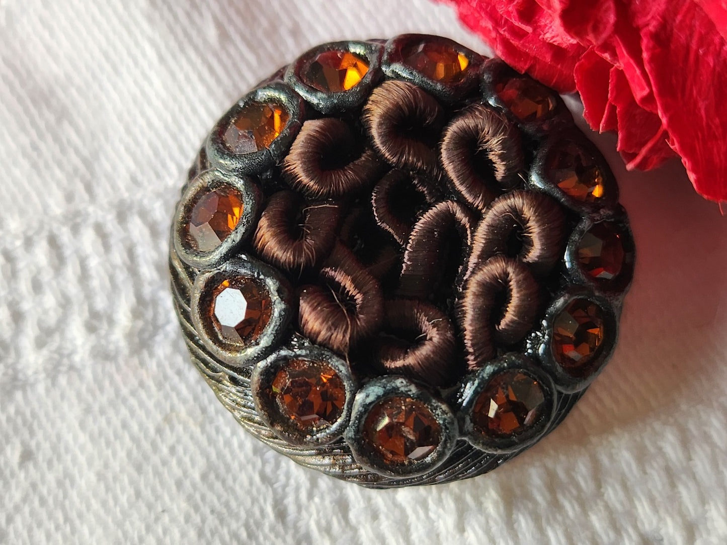 gros bouton vintage résine et passementerie marron strass verre 2,9 cm ref 3685