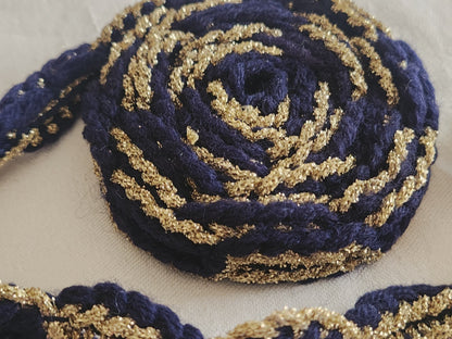 Galon vintage bleu foncé et doré épais 2 mètres 40 sur 2,1 cm A5