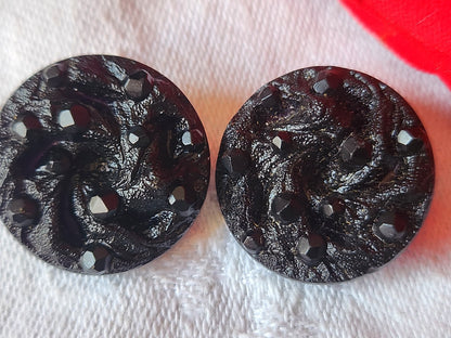 Duo gros boutons vintage en verre noir mat ancien 2,2 cm D16A