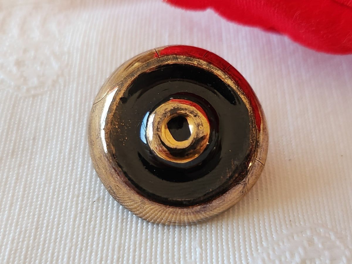 Bouton ancien en céramique noir doré pied 2,2 cm 22 mm D13D
