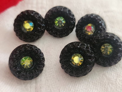 Lot 6 boutons vintage en verre noir avec strass mordoré vert 1,3 cm ref 6354