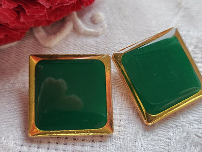 Duo boutons vintage  métal vert carré  lourd 2 cm G14T