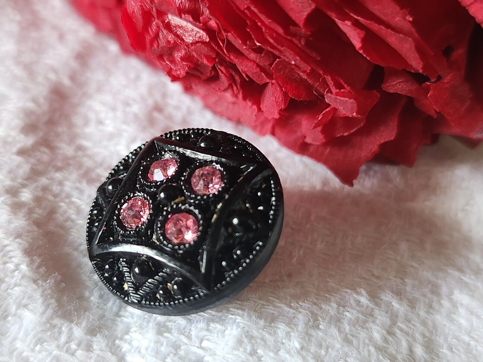 Bouton ancien en verre noir avec strass  vintage rose  1,7 cm G5G