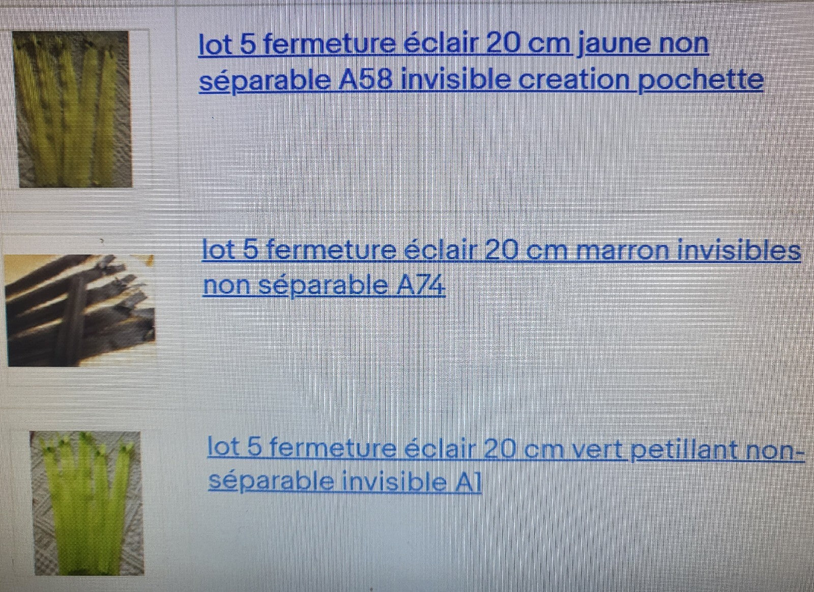 Lot 5 fermeture éclairs 20 cm invisible  non séparable teinte au choix