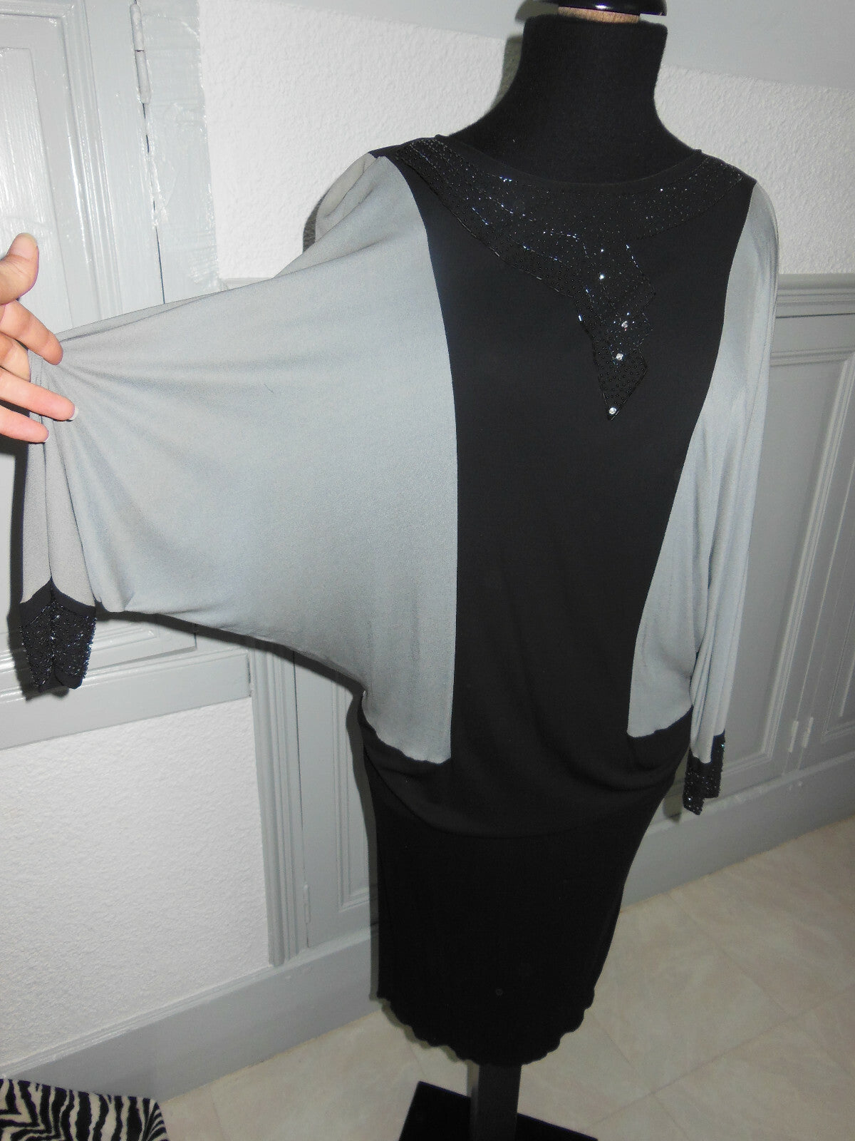 Pur vintage robe année 80 gris noir perle en verre T38/40  B4