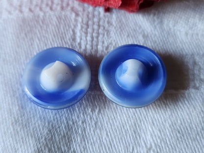 Duo boutons  en verre bleu ombragé  doré 1,7 cm vintage D7O