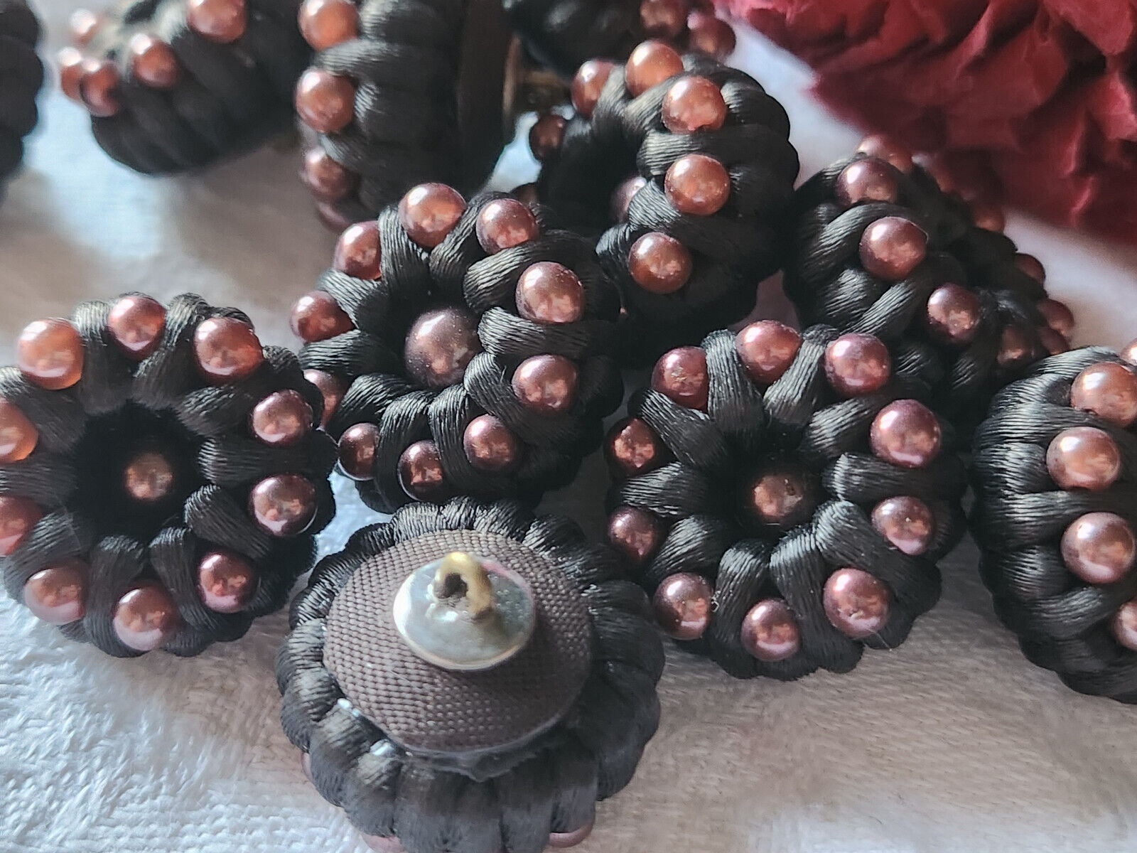 Lot 6 boutons anciens vintage passementerie marron perlé 1,9 cm ref 2944