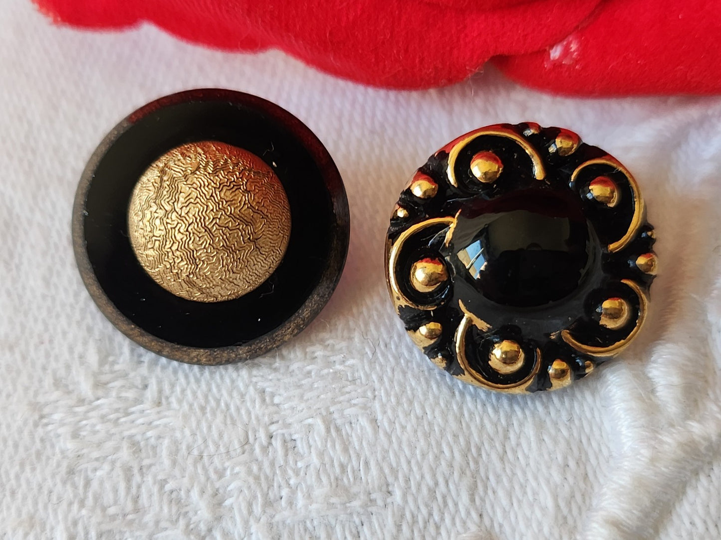 Duo boutons anciens en verre noir doré vintage 1,7 cm D7I